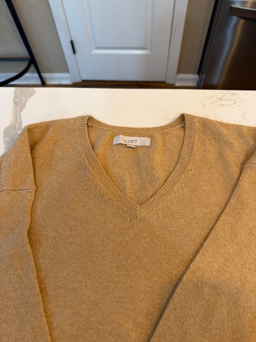 LOFT Woman’s V-Neck Sweater in Camel